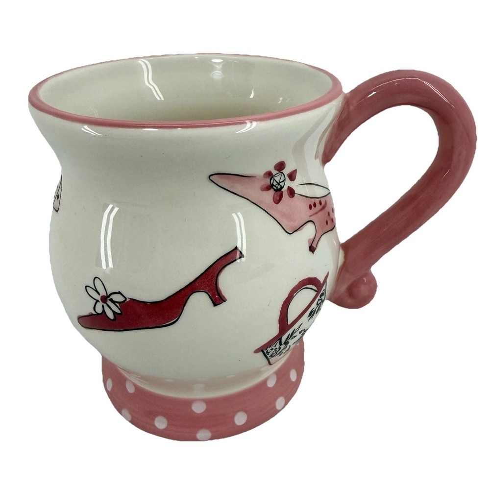 Pier 1‎ Imports Ceramic COFFEE MUG Shoes Handbags Fashion White Polka Dot 16oz